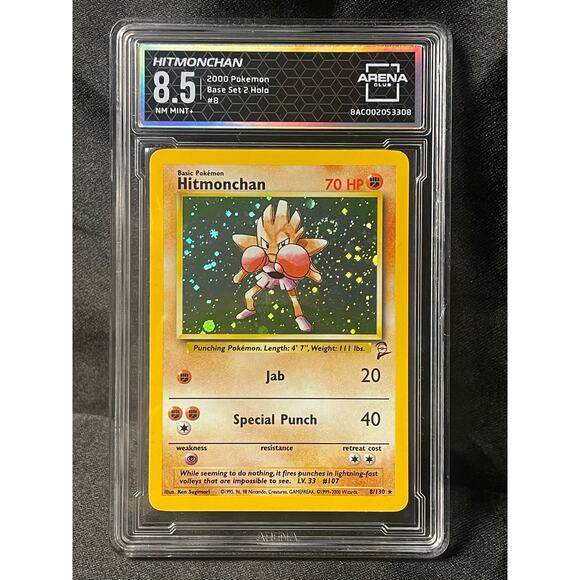 2000 Hitmonchan #8 Pokémon Base Set 2 Holo Rare ArenaClub Graded NM-MINT+ 8.5 - Picture 1 of 4